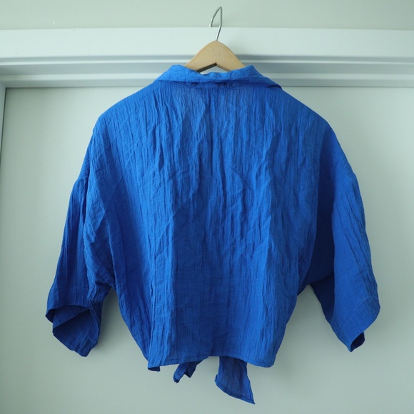 Electric Blue Cropped Shirt with Bow - L - Picture 6 of 6